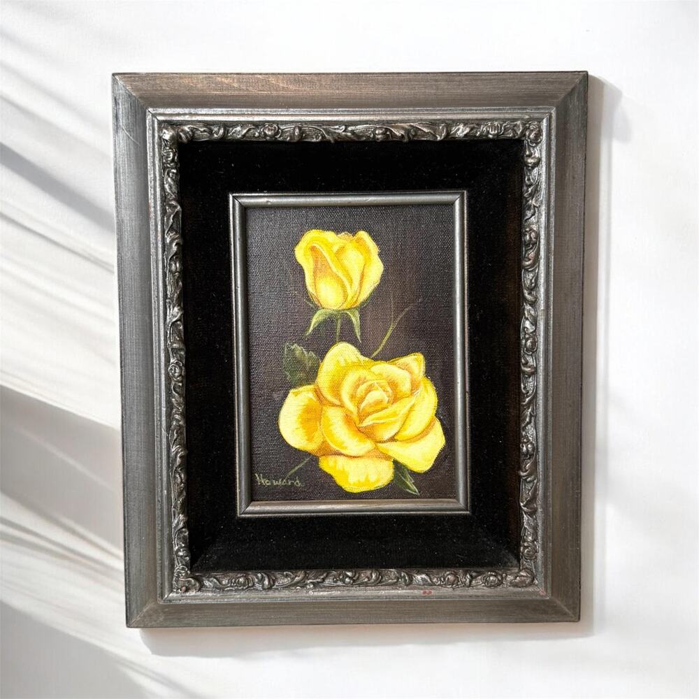 VTG Oil Painting  5X7 Yellow Roses on Canvas  Artist Signed |Ornate 10x12 Frame